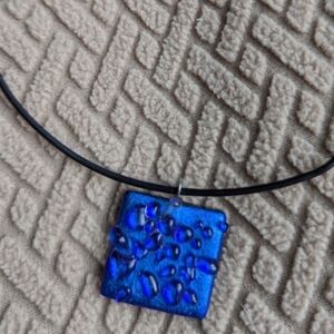 Bright Turquoise and Electric Blue Textured Square Dichroic Glass Pendant 